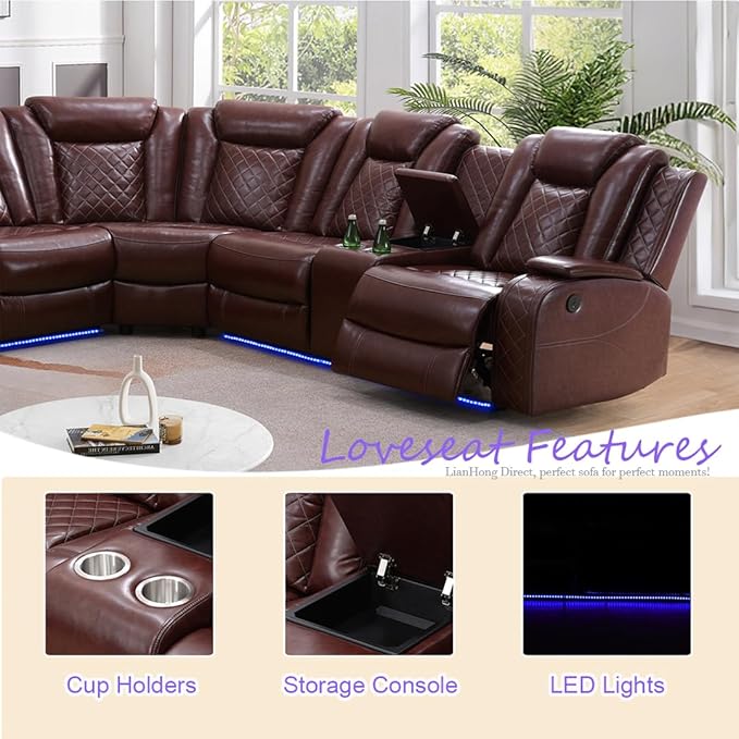 Leather Power Reclining Sectional Sofa, Recliner Sectional Sofa with Chair, Brown Recliner Couch Sets for Living Room, LED, Read Lights, USB Charging, Cup Holders, Storage for Home/Office