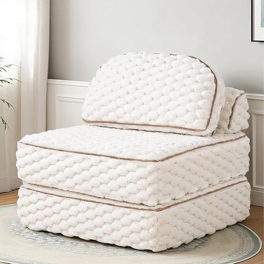COLAMY Folding Sofa Bed, 3-in-1 Convertible Sleeper Chairs with Pillow,Back Support, Fuzzy Fabric Floor Couch Bed for Adults, Boneless Couches Living Room, Bedroom, Apartment,Beige