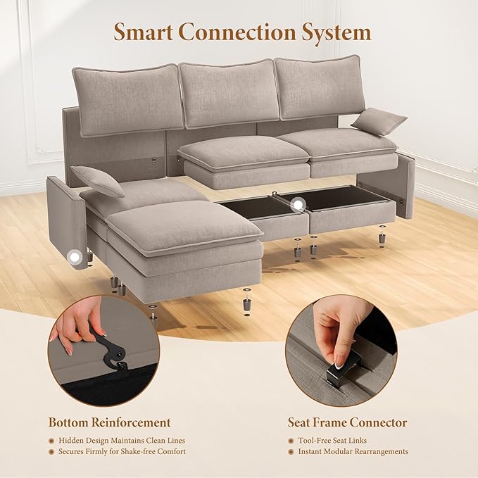Vesgantti 142" U Shaped Sectional Couch, Comfy Cloud Modular Sectional Sofa with 2 Ottoman Deep Seat Chenille Modern Cloud Sofa, Modular Sofas for Living Room, Bedroom and Apartment, Light Brown | Sink-in Comfort, Height Adjustable, Easy Rearrangement,...