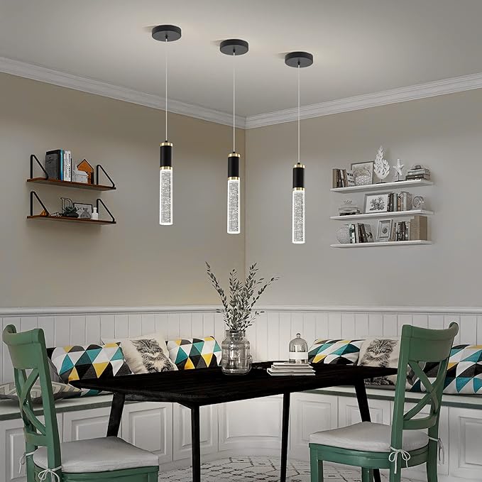 3-Pack Modern Crystal Pendant Light for Kitchen Island, Elegant Black Gold LED Bubble Hanging Chandelier Lighting Fixture for Dining Room Bedside