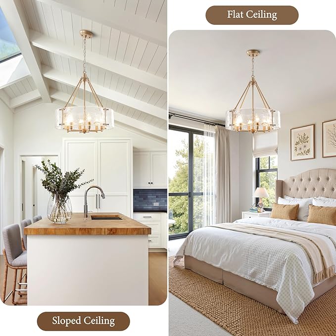 Gold Glass Chandelier for Dining Room Light Fixture, 19.69" Modern Drum Chandelier Textured Crystal Light Fixture for Kitchen Island Living Room Bedroom Foyer