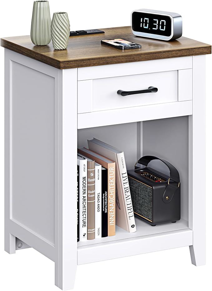 Farmhouse Nightstand with Charging Station & Large Storage, Modern End Tables with Outlets, USB Ports and Type-C Ports, Easy Assembly for Bedroom (Pure White + Walnut)