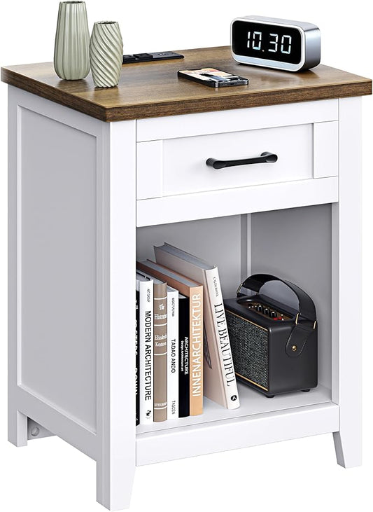 Farmhouse Nightstand with Charging Station & Large Storage, Modern End Tables with Outlets, USB Ports and Type-C Ports, Easy Assembly for Bedroom (Pure White + Walnut)