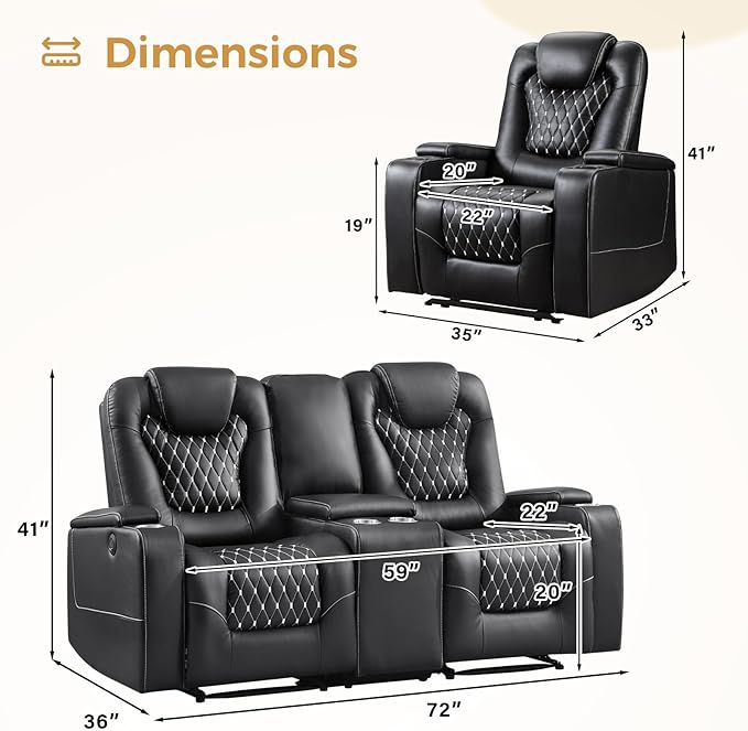 ANJ Power Recliner Sofa Set, Faux Leather Reclining Living Room Furniture Set, Included Single Recliner Chair and 2PC Loveseat Sofa, Black