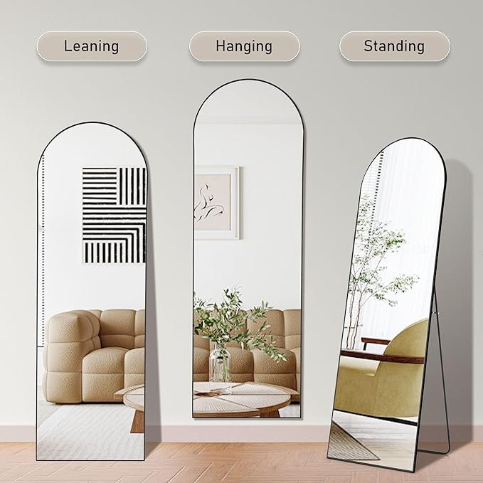 OLIXIS Arched Full Length Mirror for Bedroom, 68"x26" Full Body Mirror with Stand, Hanging or Leaning for Wall, Aluminum Alloy Thin Frame Floor Standing for Living Room, Long, Black