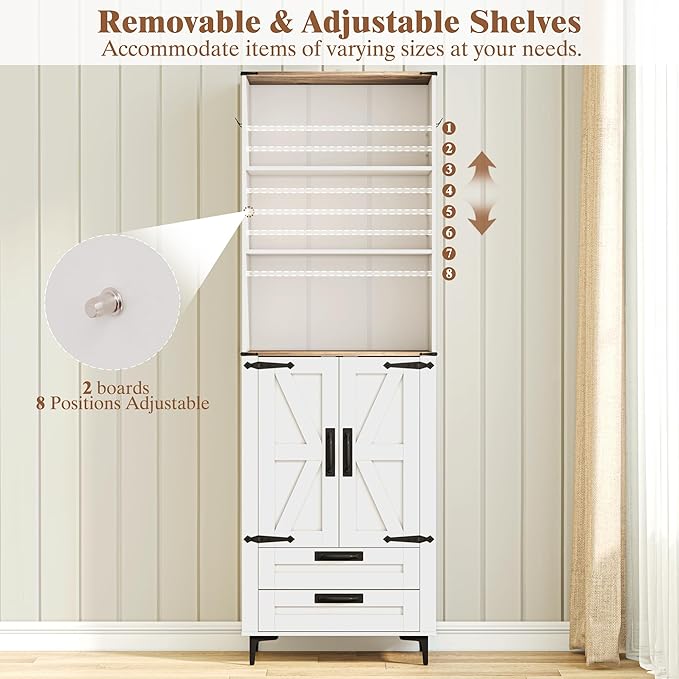 Bookshelf with Doors and 2 Drawers, 72in Tall Bookcase with Storage Cabinet and Adjustable Shelf, White Farmhouse Bookshelves Wood for Living Room, Bedroom
