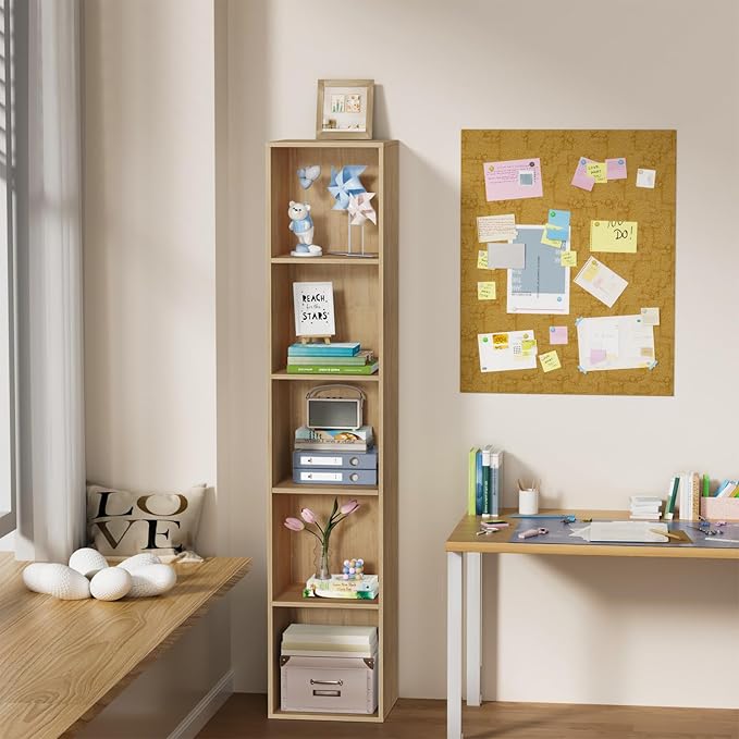 5 Tier Bookshelf, Open Tall Narrow Floor Standing Bookcase, Wooden Book Shelf Display Organizer for Home Office, Study (Oak, 5 Cube)