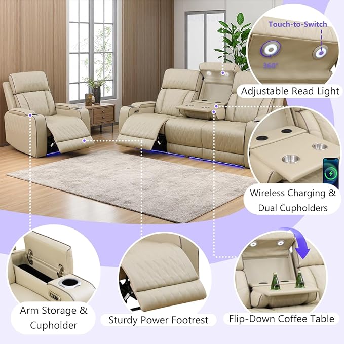 Leather Power Recliner Sofa Set, Living Room Furniture Sets, 2 Piece Reclining Sofa & Chair Set with Cup Holders, Breathing Leather Recliner Couches with Coffee Table for Home/Office, Khaki