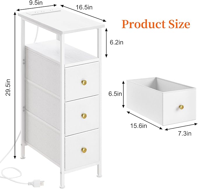 Fixwal Small Nightstand Narrow White Dresser with Charging Station, Skinny Nightstand with 3 Fabric Drawers, Dorm Silm Bedside Table for Small Spaces Bathroom, Bedroom, Laundry