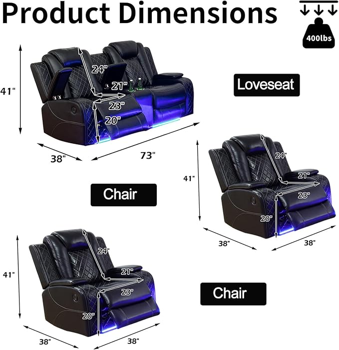 Power Leather Recliner Sofa Set with LED Light,Reclining Loveseat and 2*Chairs Set with Storage Console/USB Port/Cup Holder,Leather Couch for Living Room Furniture Sets(2+1+1 Seats,Black)