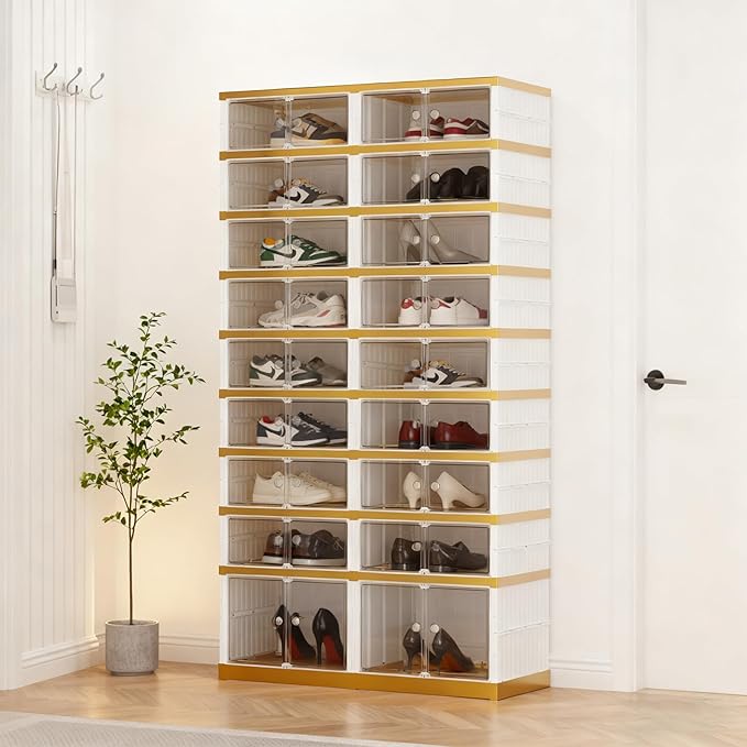 Foldable Shoe Organizer Cabinet Collapsible Shoe Rack, 9 Tier 36 Pairs Shoe Storage Boxes, Folding Shoe Rack with Magnetic Transparent Doors Easy Assembly Shoe Shelves Organizer, White Gold