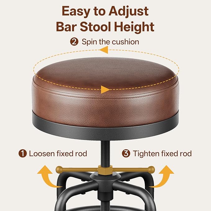 Adjustable Height Swivel Bar Stool, 22-29 Inch Industrial Vintage Bar Counter Height Stool with Thicken Premium Bonded Leather Seat & Updated Footrest, Easy Assembly, Brown