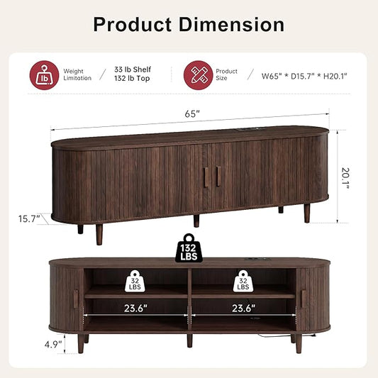 65" Mid Century Modern TV Stand, Wood TV Consoles with Sliding Doors and Power Outlet, Fluted Entertainment Center with Adjustable Shelves, Media Console for Living Room, Walnut