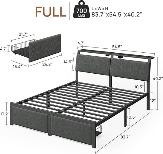 Rolanstar Full Size Bed Frame with Ergonomic Headboard Storage & Charging Station, Upholstered Platform Bed with LED Light & Drawer, Heavy Duty Metal Slats, Noise Free, No Box Spring Needed, Grey