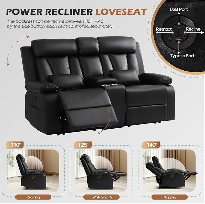 Power Reclining Loveseat with Console, Power Loveseat Recliner Sofa with Lumbar Pillow, USB,Type-c Ports, Eelctric Reclining Couch with Cup Holders for Living Room(Black, Loveseat)