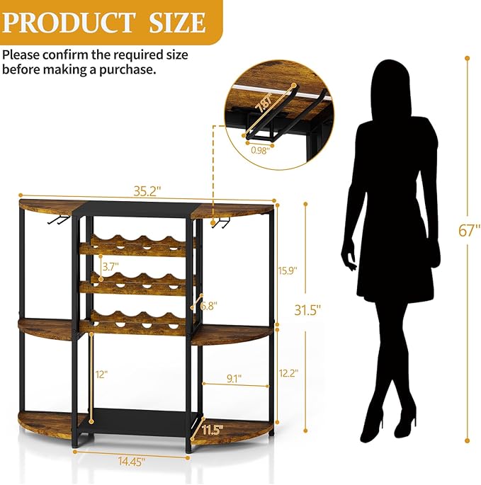 JKsmart Small Wine Bar Cabinet with LED Lights, Mini Wine Rack with Storage and Glass Holder, Home Bar Cart for Liquor, 3-Tier Bar Table for Kitchen, Dining Room, Living Room, Rustic Brown