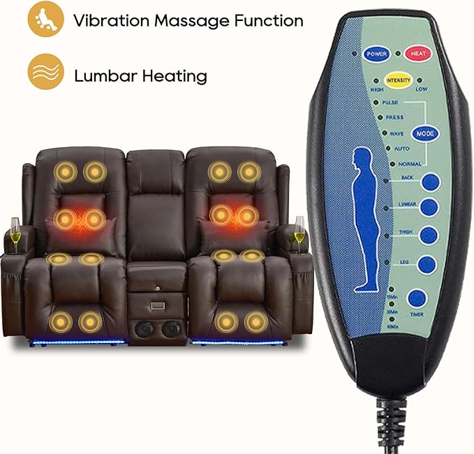 IPKIG Power Recliner Sofa with Flip-Up Backrest Console, USB & USB-C Ports, AC Outlet, LED Lights, Wall Hugger Recliners for Living Room, RV (Brown, 67" - 3 Seat) | Faux Leather, Zero Gravity, Dual Reclining, 2 Lumabr Pillow, Bluetooth Speakers