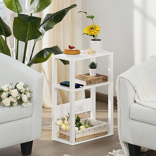 3-Tier Small Narrow Wood Side Table with Charging Station, Skinny Nightstand for Small Space, Slim Bedside Table with Storage for Couch, Thin End Table with USB Ports and Outlets, White
