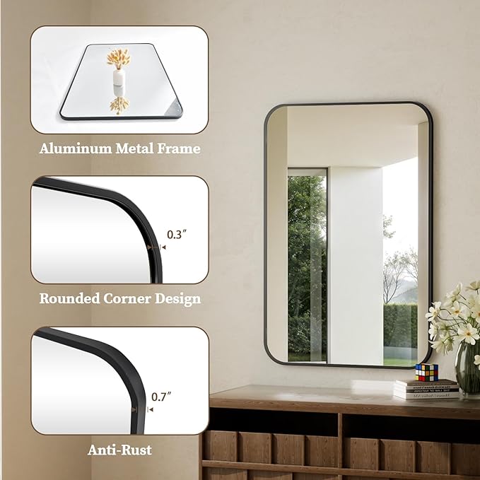 BEAUTYPEAK 30" x 40" Black Metal Frame Rectangle Vanity Mirror with Rounded Corners, Wall Mounted Bathroom Mirror for Farmhouse, Restroom, Entryway, Horizontal or Vertical Hanging