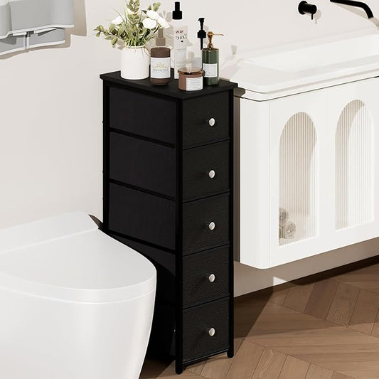 Narrow Storage Cabinet for Small Spaces Slim Bathroom Dresser with Drawers Tall Thin Storage Organizer for Bathroom Bedroom Skinny Cabinet(Black, 5 Drawers)