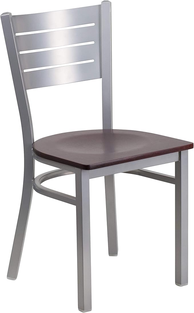 Flash Furniture 2 Pk. HERCULES Series Silver Slat Back Metal Restaurant Chair - Mahogany Wood Seat