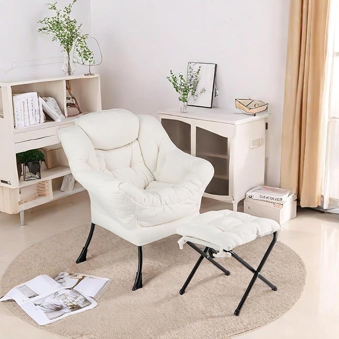 GORELAX Modern Accent Chair with Ottoman, Upholstered Lounge Sofa Chair & Folding Footstool Set, Reading & Relaxing Chair for Bedroom, Living Room, Dorm Room (Plush Beige)