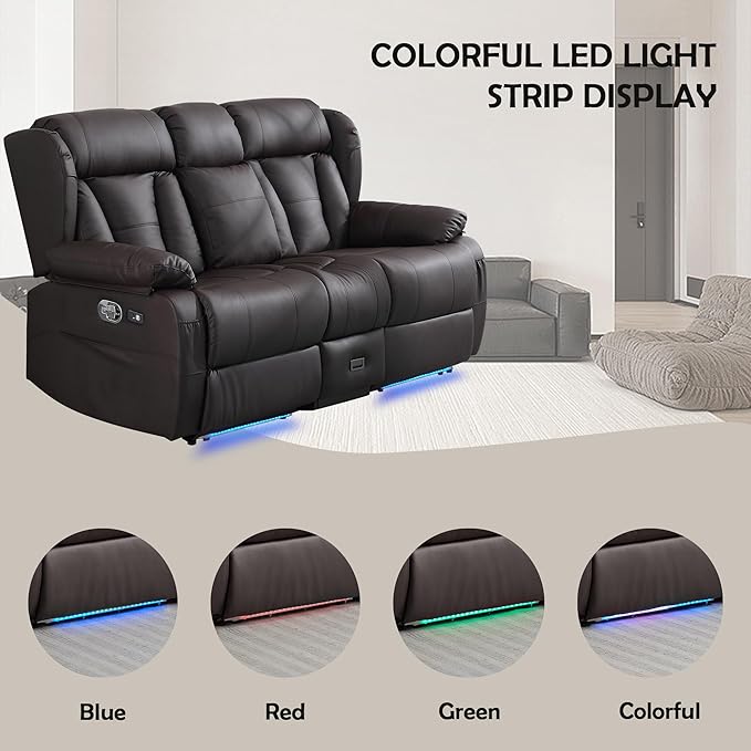 72.8" Loveseat Recliner Sofa, Manual Reclining Couch with Console, AC Outlet & USB-A/USB-C Ports, Wall Hugger RV Sofa for Living Room & Home Theater with Cup Holders (Brown Console with LED)