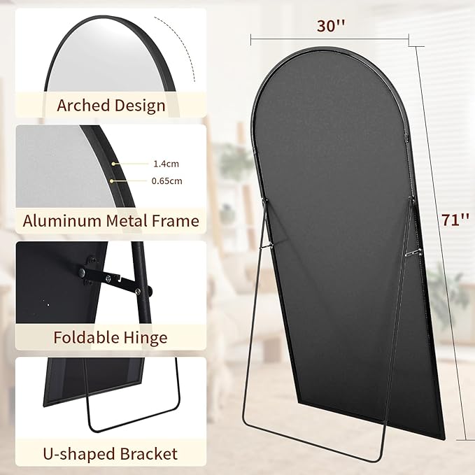 71" x 30" Arch Full Length Mirror - Floor Full Body Mirror with Aluminum Frame - Standing, Leaning or Hanging, for Bedroom, Living Room, Black