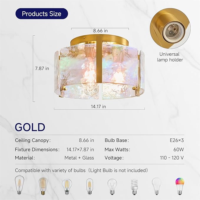 Gold Flush Mount Ceiling Light Fixture: 14.1'' Glass Semi Ceiling Light Fixtures - Mid Century Drum Kitchen Entryway Foyer Lighting - Modern Lights for Living,Dining Room Hallway Bathroom Bedroom