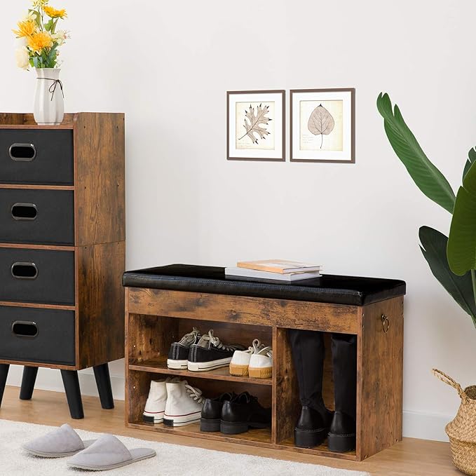 HOOBRO Storage Bench with Cushion, Shoe Bench with Lift Top Storage, Wooden Shoe Cabinet Bench with Hidden Storage, 12.4 x 32.3 x 18.3 Inches, for Entryway, Bedroom, Rustic Brown and Black BF40HX01