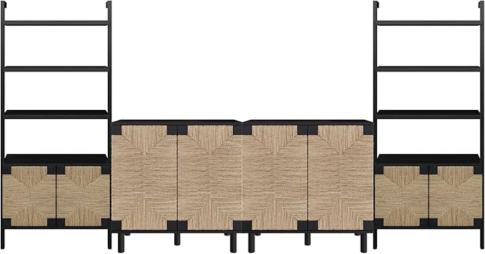 Nathan James Beacon Bohemian TV Stand, TV Wall Unit with Shelves and Accent Storage Cabinet with Solid Wood Legs and Seagrass Door Fronts, Black
