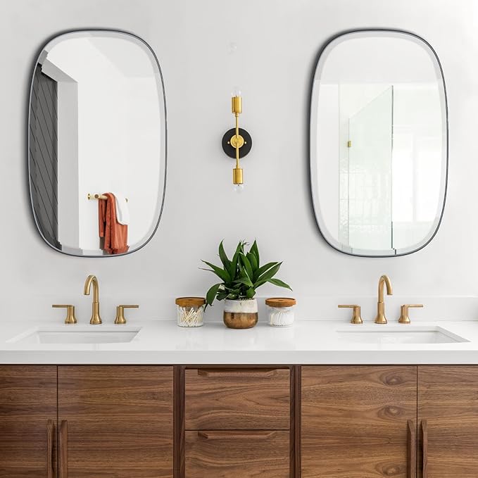 POZINO Oval Beveled Mirror Over Sink, 20"x30" Black Rectangle Mirror for Bathroom, Modern Oblong Vanity Wall Mirrors in Premium Stainless Steel Frame, Wall Mount Hangs Horizontal Or Vertical