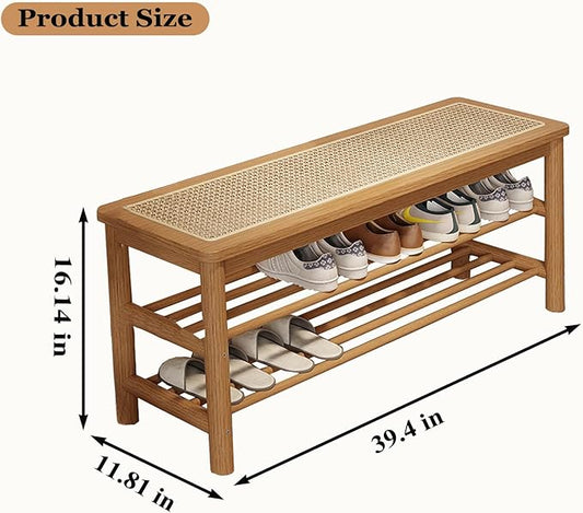 Bamboo Shoe Rack Bench with Rattan Seat, 3-Tier Shoe Storage Bench, Entryway Bench for Hallway,Nature-39.4 inches