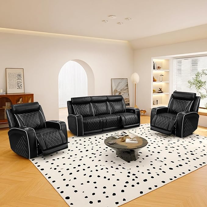 Power Recliner Sofa Set, Breathing Leather Reclining Couch Set, Leather Couch and 2 Recliner Chairs Set with LED Lights/Charging Ports/Storage for Home/Office (Black New, Sofa+2 Chairs)