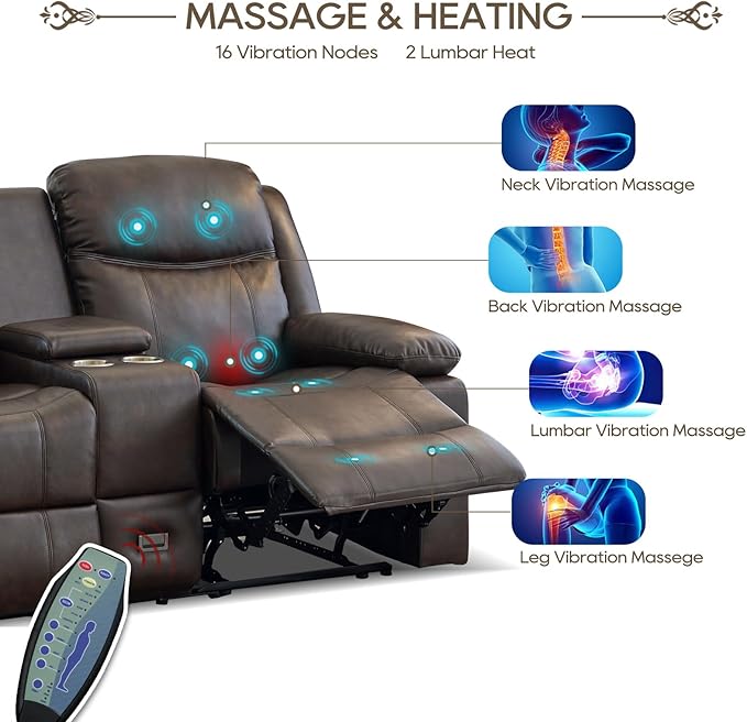Loveseat Recliner Sofa, PU Leather Sofa Couch, Manual Recliner Loveseat with Console, Double Reclining RV Sofa with Cup Holders and Side Pocket for Living Room/Office/Apartment (Brown) | Heating & Massage, Hidden Drawer