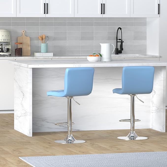 Leopard Bar Stools, Modern PU Leather Adjustable Swivel Bar Stool with Back, Set of 2 (Light Blue)