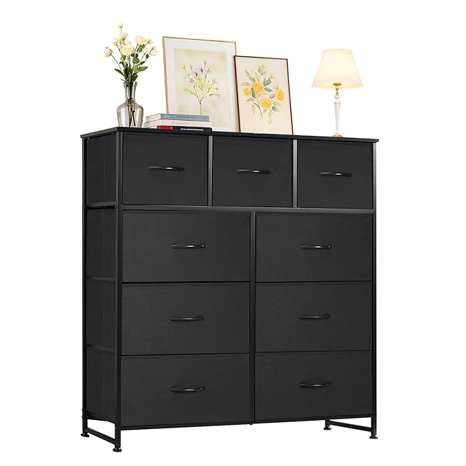 Dresser with 9 Drawers for Bedroom, Fabric Clothes Cabinet for Closet, Anti-Tip Storage Dresser with Metal Frame for Living Room, Entryway, Dorm, Black
