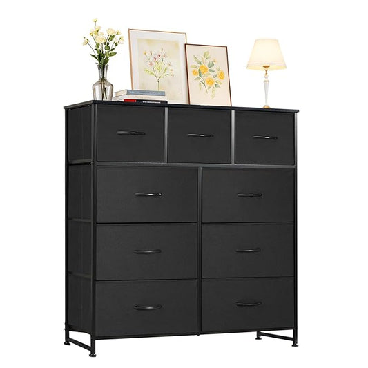 Dresser with 9 Drawers for Bedroom, Fabric Clothes Cabinet for Closet, Anti-Tip Storage Dresser with Metal Frame for Living Room, Entryway, Dorm, Black