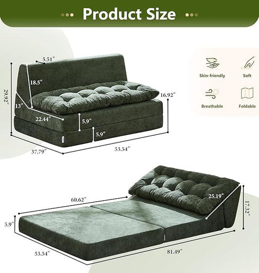 Hobestluk Sofa Couch Folding Sofa Bed Sleeper Comfy Floor Lounger Loveseat Sofa with Removable Cushion Couches Foldable Mattress for Living Room Bedroom or Office (Chenille Green, Oversize)
