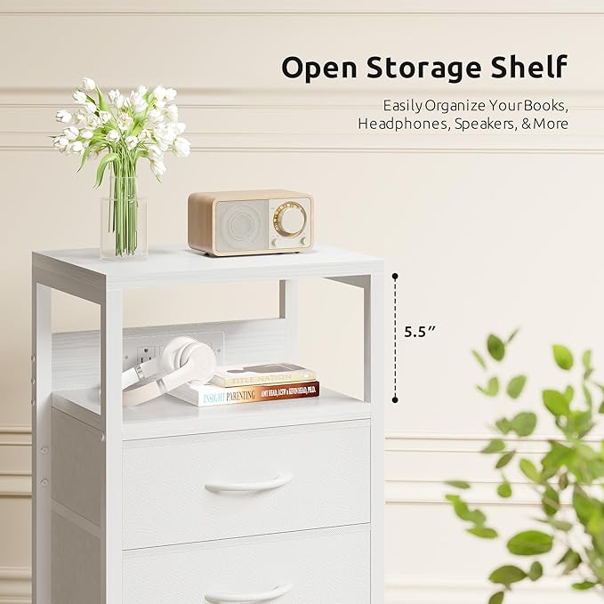 NightStand Bedside Charging Table Bedroom - White Night Stand with Charger Station, USB-C USB Ports & AC Outlets for Dorm, Modern End Table with Open Shelf & 3 Fabric Drawers