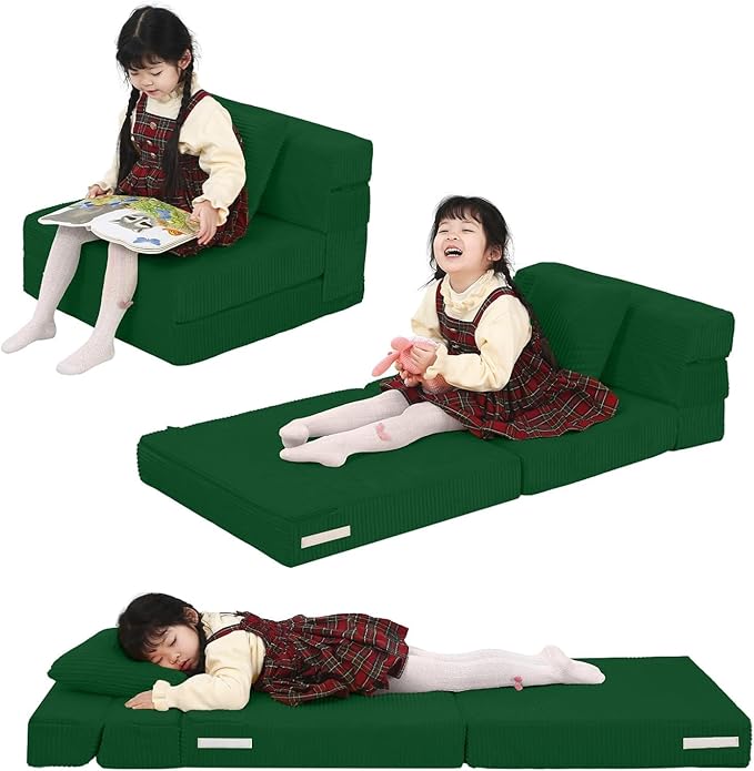 MeMoreCool Folding Sofa for Kids, Corduroy Fold Out Futon Chair, Small Foldable Floor Mattress, Portable Children Couch Sofa, Green