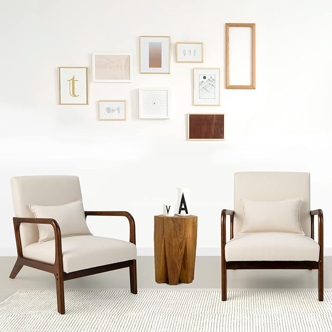Giantex Set of 2 Modern Accent Chair with Pillow - Comfy Upholstered Lounge Armchair with Anti-Slip Felt Pads, Wooden Frame Soft Padded Arm Chairs for Living Room, Bedroom, Study, Beige