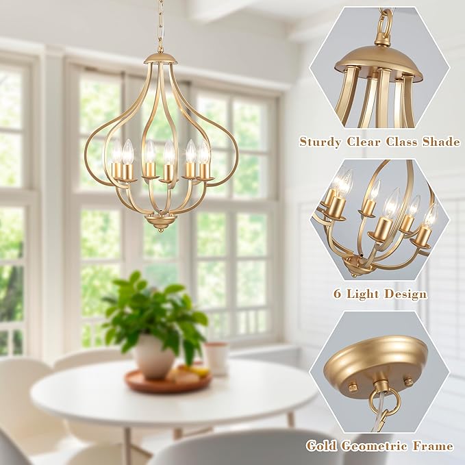 6 Lights Vintage Farmhouse Light Fixtures, Pendant Lights Kitchen Island Lighting, Modern Kitchen Light Fixtures Over Table Gold Chandelier for Dining Room Hallway Entryway Bedroom Foyer