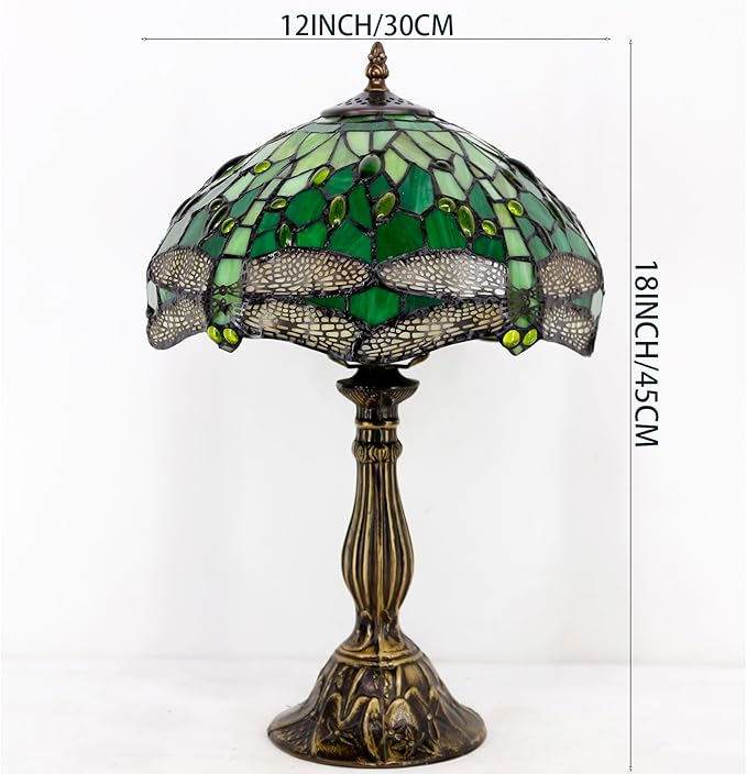 WERFACTORY Tiffany Lamp Green Stained Glass Bedside Table Lamp Dragonfly Style Desk Reading Light 12X12X18 Inches Decor Bedroom Living Room Home Office S459 Series