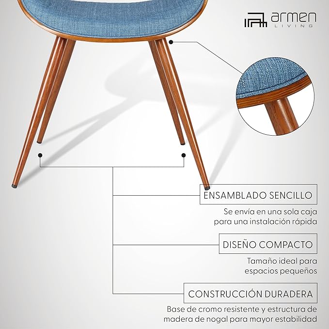 Armen Living Butterfly Mid-Century Dining Chair in Walnut Finish and Blue Fabric - Set of 6