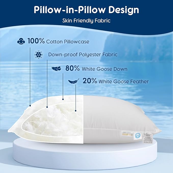 LBRO2M Canadian Fluffy Goose Down Pillow King Size 1050 Fill Power 80% Goose Down 20% Goose Feather Bed Pillow with 100% Cotton, Teflon Finish Shell Down Pillows Plush and Support (20"X36", Set of 1)