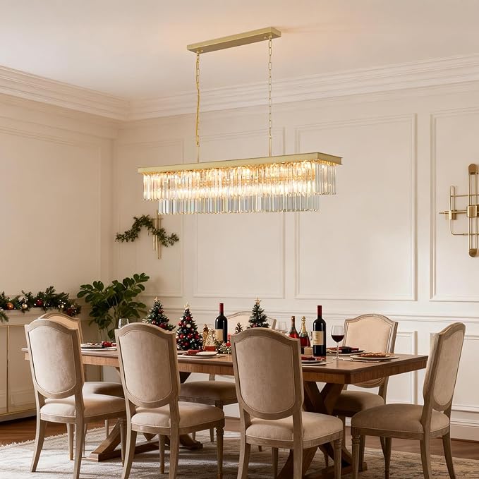 Crystal Chandeliers for Dining Room Light Fixtures Over Table，18-Lights Gold Modern Rectangle Chandeliers for Kitchen Island Bar L46 Inch