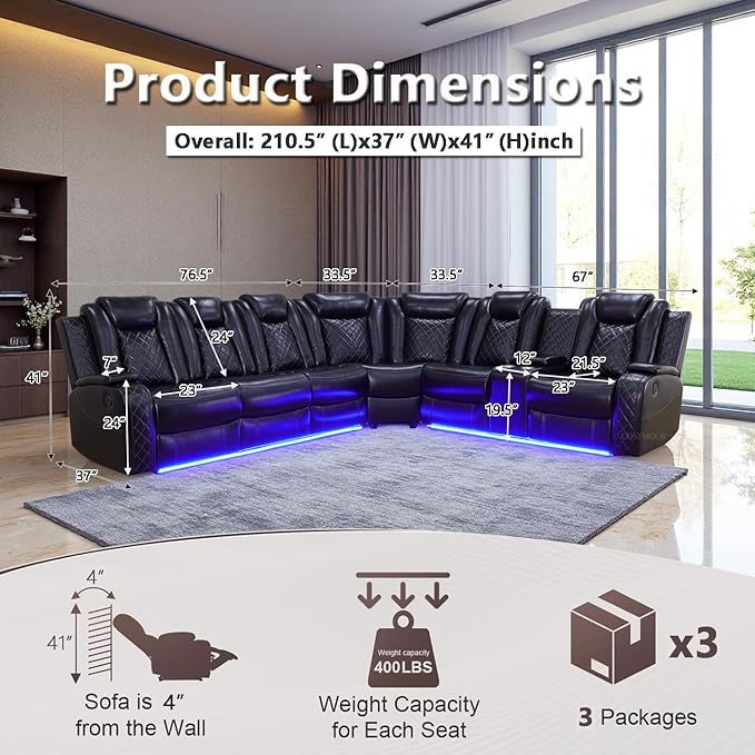 Power Recliner Sectional Sofa with LED Light for Living Room, Black Leather Reclining Sofa Corner Sectional Couches Set, Cup Holder, Storage Console for Home Theater Seating