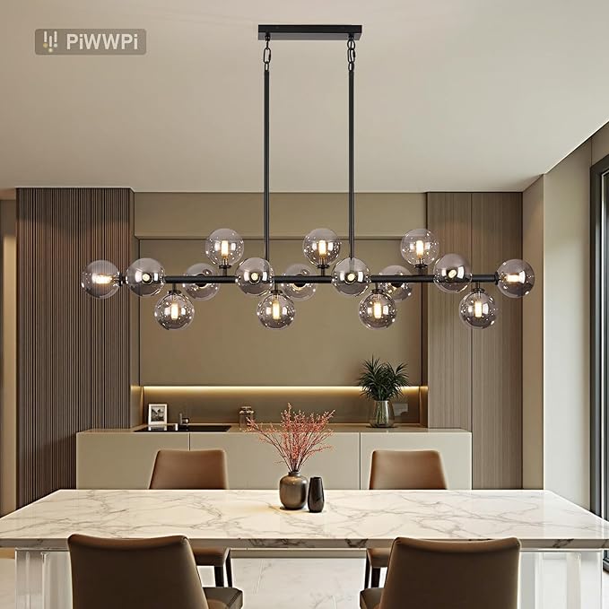 Modern Chandeliers for Dining Room Kitchen Island, 55" Long Large Linear Sputnik Globe Chandelier, 16-Light Mid Century Modern Light Fixture Over Table, Black and Smoke Grey Bubble, GC-08