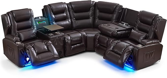 SAMERY Recliner Sectional Couch, Power Reclining Sectional Sofa, Wall Hugger Recliners RV Couch with Corner Couch, Flip-Backrest, Lift-Top Table, Ambient Lights, USB, Faux Leather, Brown | Extra Wide Seat, Plush Padding, Dual Power Recline, Lift-Up Tab...